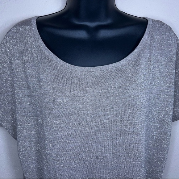 LARGE EXPRESS BEIGE GLITTER KNIT TOP SHORT SLEEVE PEPLUM STRETCH NEUTRAL - Picture 5 of 10